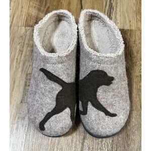 LL Bean Slippers Womens 9 M, Taupe Wool Daybreak Scuffs Dog Motif Slip On